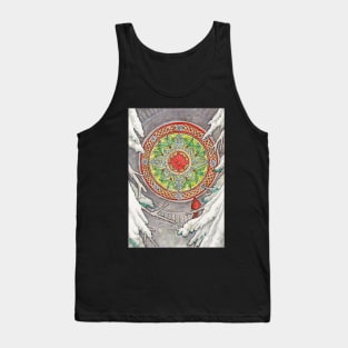 December's Window Stained Glass Art Nouveau Design with Cardinal and Holly Celtic Knotwork Christmas Spirits of Winter Series Tank Top